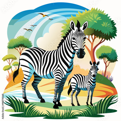 Adult Zebra and Foal Standing in an African Landscape