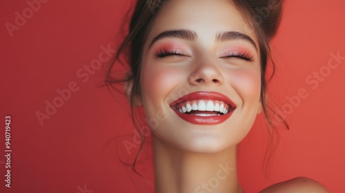 A beautifully made-up woman smiling confidently, with her makeup emphasizing bold eyeliner and glossy lips.