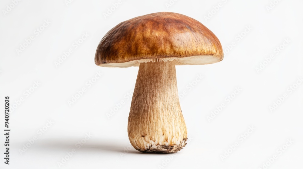 A clean shot of a single mushroom with a focus on its stem and cap, placed centrally on a white background to emphasize its shape and texture. A clean shot of a single mushroom with a focus on its stem and cap, placed centrally on a white background to emphasize its shape and texture.