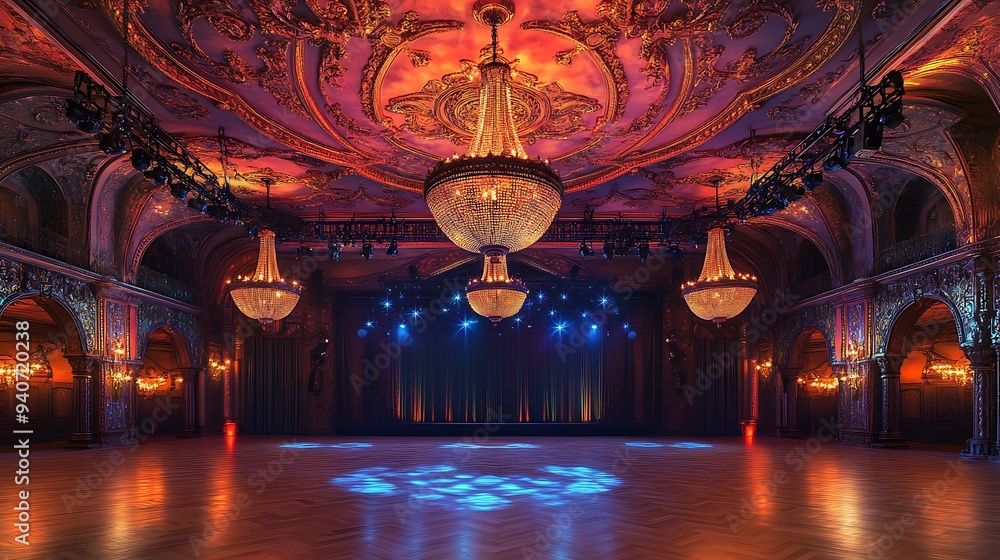 Obraz premium Illuminated Event Hall with a Stage, Ornate Ceiling, and Hanging Chandeliers