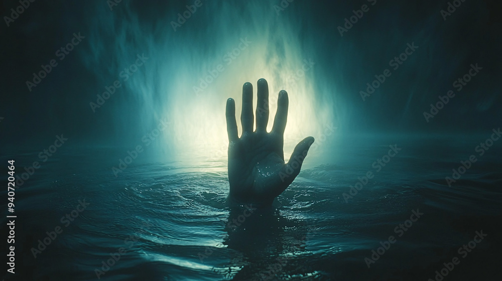 A creepy, horror hand under a projector light in the middle of the ocean at night asking for help and searching for rescue. A creepy, horror hand under a projector light in the middle of the ocean at night asking for help and searching for rescue.