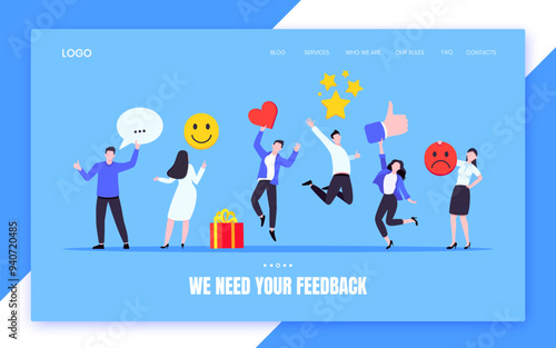 Employee feedback work satisfaction survey business concept flat vector illustration. Employee or customer feedback rating opinion with people and social icons - thumb, smile emoji, stars and heart.