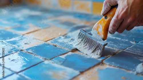 A hand is cleaning tiles with a brush. This photo is perfect for DIY projects, home improvement, and cleaning tutorials. photo