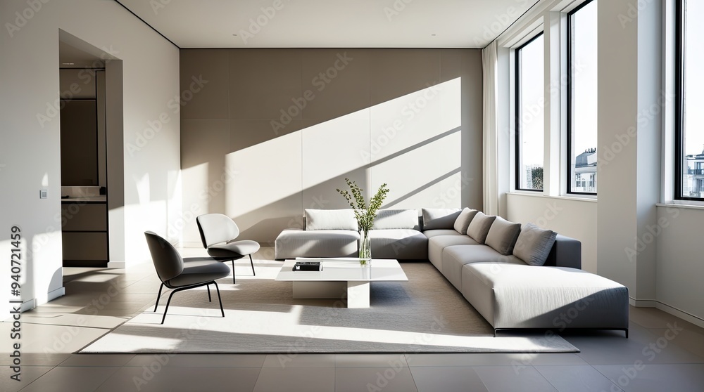 Modern living room interior with large windows and sunlight streaming in Modern living room interior with large windows and sunlight streaming in