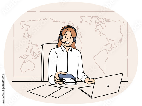 Woman manager of travel agency sits at office desk and holds passport with visas and plane tickets. Tour operator company representative in headphones near giant map of world helps to travel