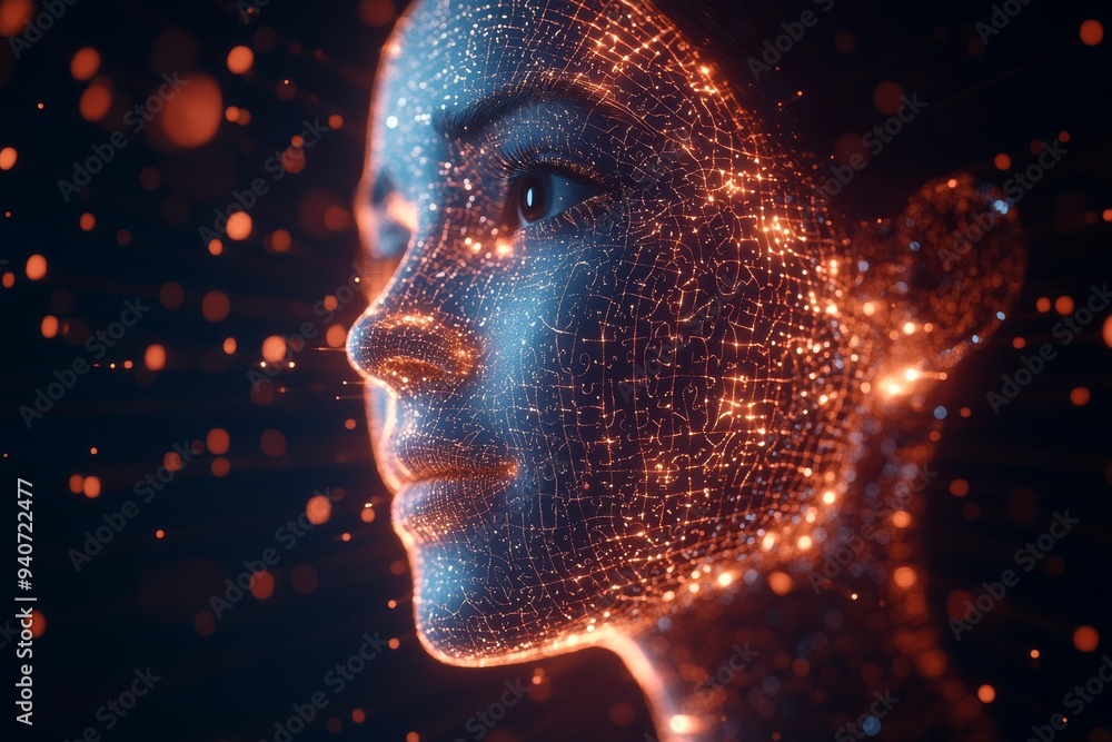 Futuristic digital face made of light particles representing artificial intelligence technology and the fusion of human and machine in a glowing pattern Futuristic digital face made of light particles representing artificial intelligence technology and the fusion of human and machine in a glowing pattern