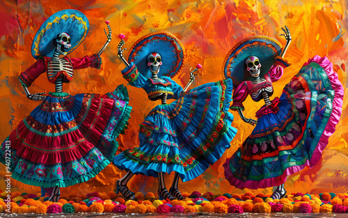 Wallpaper Mural Three catrinas skeletons are dancing with colorful traditional mexican dresses to celebrate dia de los muertos Torontodigital.ca