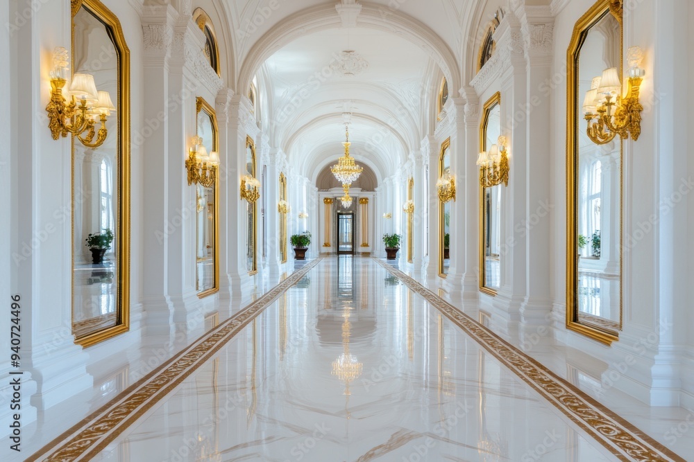 Fototapeta premium A lavish hallway featuring ornate mirrors, golden sconces, and marble floors