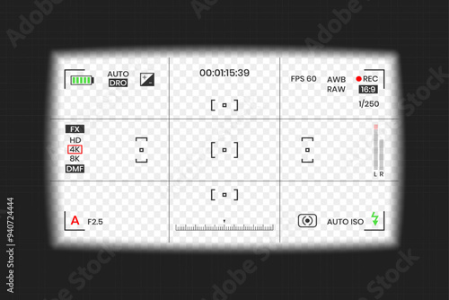 Camera viewfinder video or photo frame recorder flat style design vector illustration. Digital camera viewfinder with exposure settings and focusing grid template.