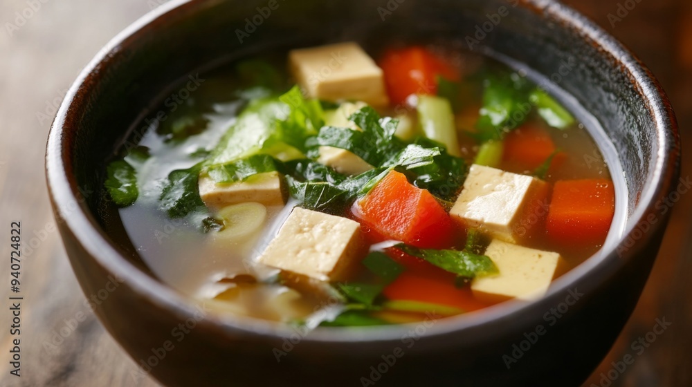 A close-up of a bowl of clear soup with vegetables and tofu pieces floating, showcasing the fresh ingredients and the inviting, warm broth. A close-up of a bowl of clear soup with vegetables and tofu pieces floating, showcasing the fresh ingredients and the inviting, warm broth.