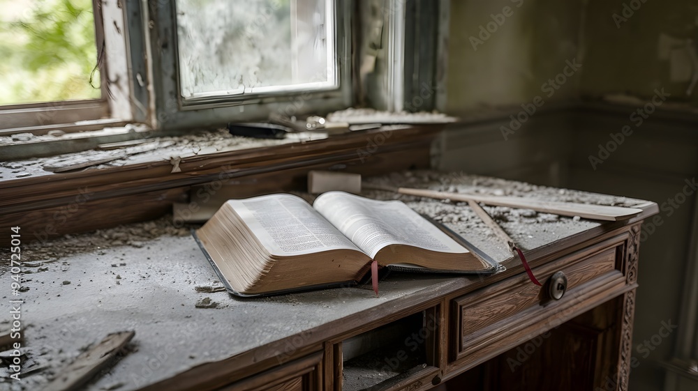 Fototapeta premium Abandoned 19th Century House with an Open Bible on a Ruined Desk: A Scene of Spiritual Reflection Amidst Decay, with a Dusty Window Illuminating the Sacred Text in a Forgotten, Historic Setting