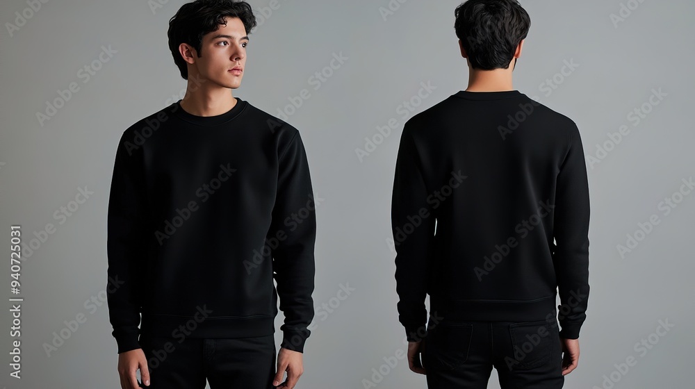 Man in a black sweatshirt posing from front and back angles Man in a black sweatshirt posing from front and back angles