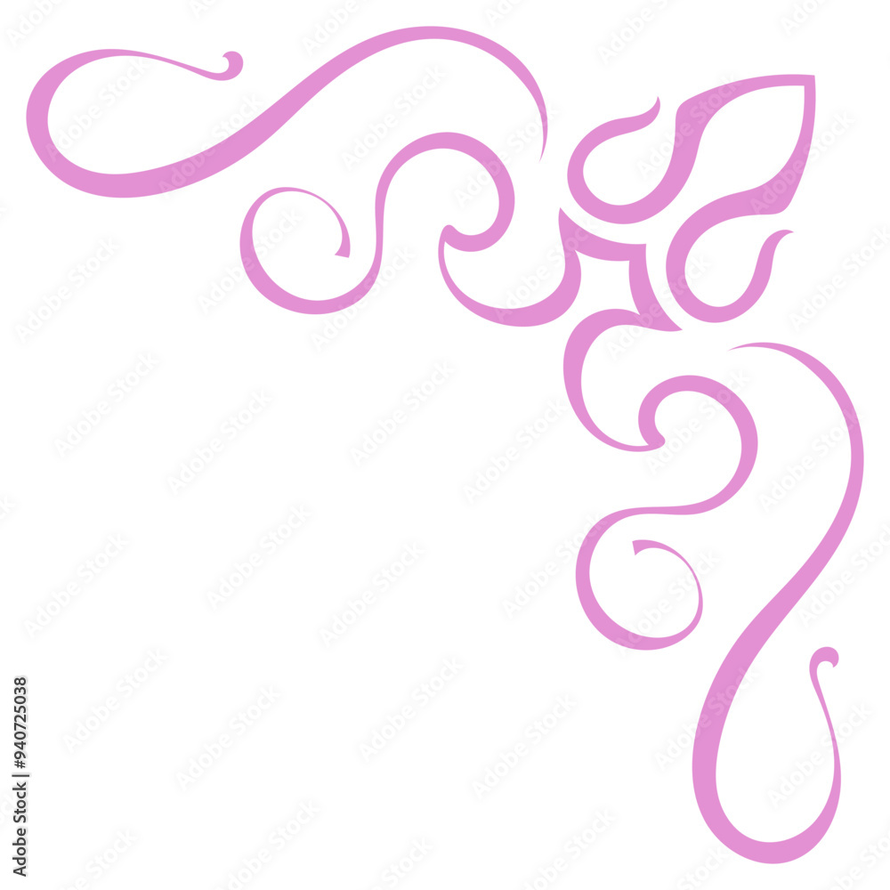 Fototapeta premium Pink vintage corner, thin line Victorian Middle Ages Fancy black monogram frames, design elements collection, abstract icons, simple symbols of flowers