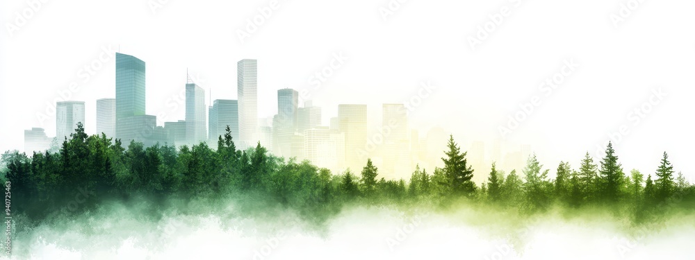 A city image featuring trees in the foreground and fog enveloping both the foreground and background A city image featuring trees in the foreground and fog enveloping both the foreground and background