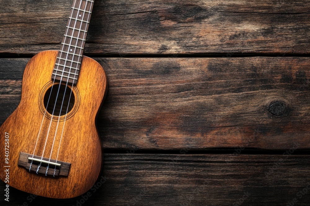Fototapeta premium Close up of ukulele on old wooden background, Dark tone , ai