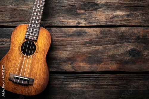 Close up of ukulele on old wooden background, Dark tone , ai