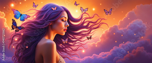 Serene woman with flowing purple hair surrounded by butterflies in a glowing dreamlike sky. photo