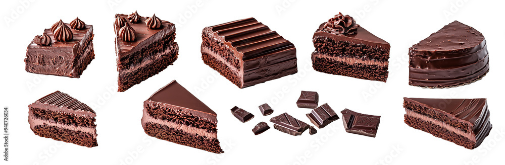 Chocolate cake slices with an elegant presentation, showcasing a range of textures and toppings, isolated on a white background. Chocolate cake slices with an elegant presentation, showcasing a range of textures and toppings, isolated on a white background.