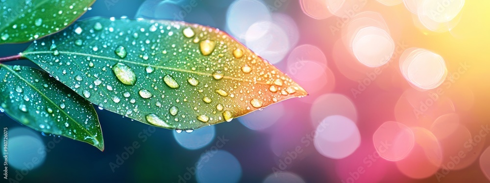 A tight shot of a verdant leaf studded with water droplets, against a backdrop of vibrant, blurred lights A tight shot of a verdant leaf studded with water droplets, against a backdrop of vibrant, blurred lights