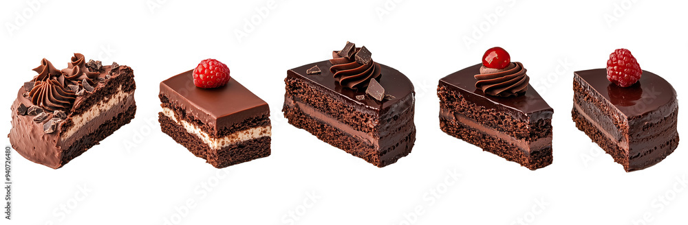 Chocolate cakes adorned with intricate frosting designs, showcasing a variety of textures and styles, arranged on a white background. Chocolate cakes adorned with intricate frosting designs, showcasing a variety of textures and styles, arranged on a white background.