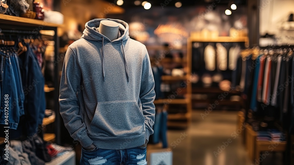 Mannequin Wearing a Casual Grey Hoodie in a Retail Environment Mannequin Wearing a Casual Grey Hoodie in a Retail Environment
