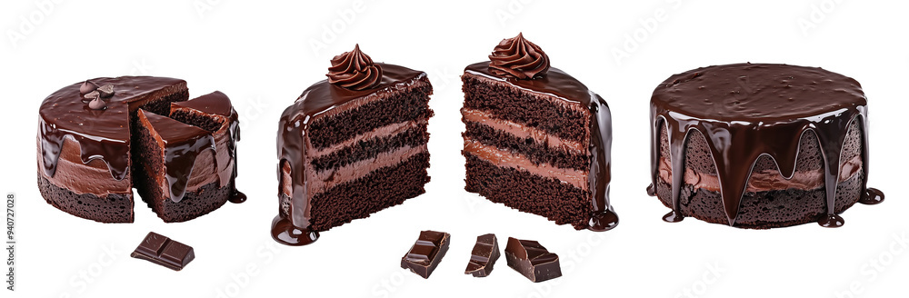 An assortment of chocolate cakes with thick frosting and various decorations, arranged on a white background for a detailed view. An assortment of chocolate cakes with thick frosting and various decorations, arranged on a white background for a detailed view.