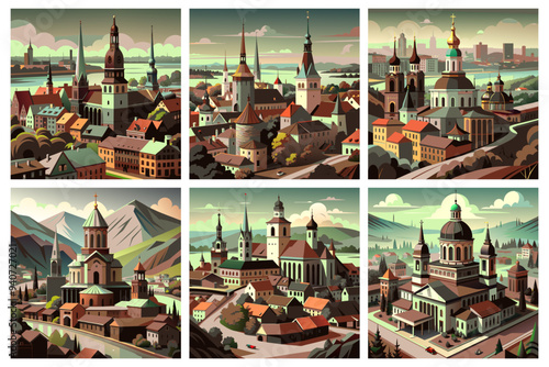 Kyiv, Tallinn, Riga, Vilnius, Chisinau, Tbilisi. set of medieval buildings and streets of the city.
