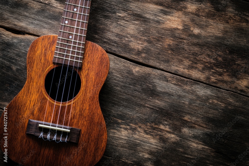 Fototapeta premium Close up of ukulele on old wooden background, Dark tone , ai