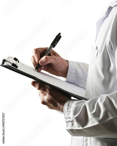 Close up of a male doctor writing on a clipboard, isolated on white background photo