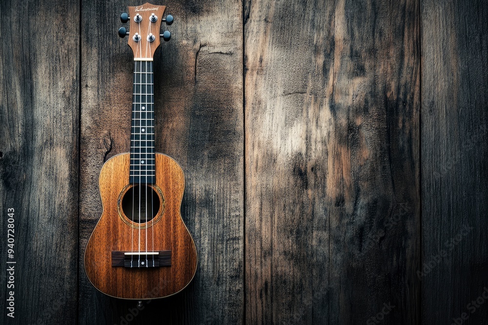 Obraz premium Close up of ukulele on old wooden background, Dark tone , ai