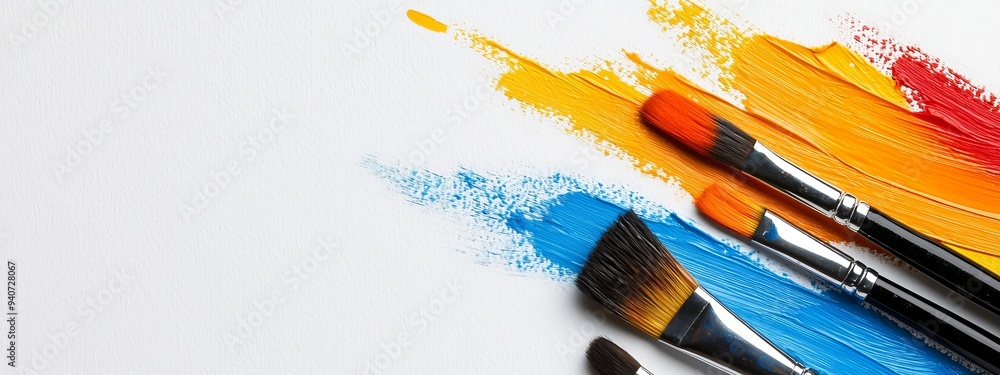 Obraz premium A collection of brushes, each holding distinct hues, atop a pristine white palette