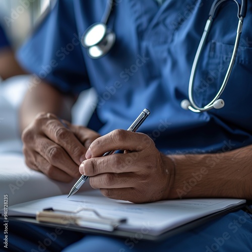 Doctor with stethoscope writing on clipboard. Medical and healthcare concept. photo