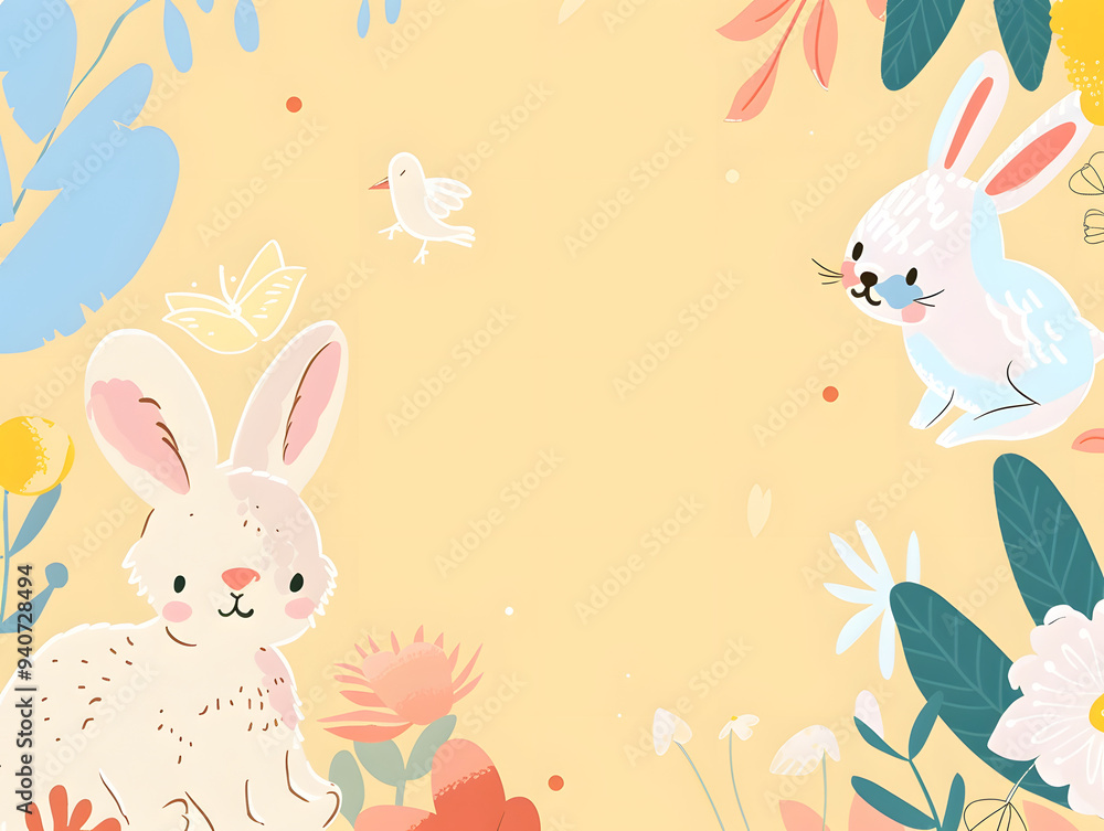 Pink cartoon birds and flowers pattern with cute bears and rabbits for a child's birthday card Pink cartoon birds and flowers pattern with cute bears and rabbits for a child's birthday card