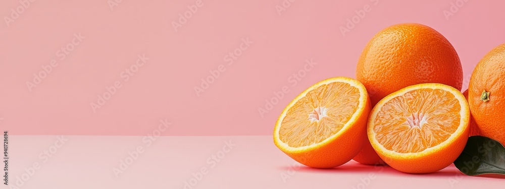A stack of oranges atop a pink surface, accompanied by a green leaf A stack of oranges atop a pink surface, accompanied by a green leaf