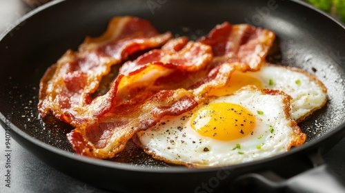 A close-up of a frying pan with a crispy breakfast bacon and eggs, showcasing the well-seasoned surface and the deliciously cooked food.