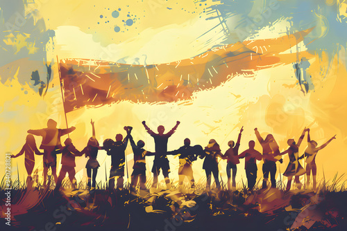 A vibrant rock concert poster featuring silhouettes of a crowd dancing on the beach at sunset, capturing the lively and energetic vibe of a music party