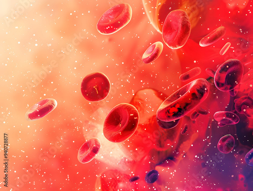 3D illustration red blood cells background, blood clot, scientific medical concept, oxygen enrichment, nutrient transfer, blood flow, microbiology, healthcare, blood vessel, medical visualization.