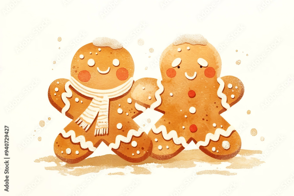 Two cheerful gingerbread cookies with smiling faces, embraced in a festive frolic Two cheerful gingerbread cookies with smiling faces, embraced in a festive frolic