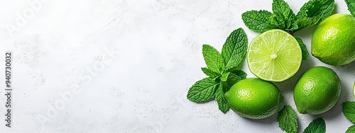  A collection of limes and mint leaves on a pristine white background One lime is halved © Mikus