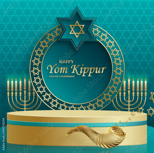 Happy Yom Kippur round stage with nice and creative symbols for Jewish holiday