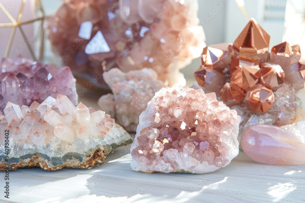 Stunning collection of pink quartz crystals showcasing natural beauty and shimmering elegance Stunning collection of pink quartz crystals showcasing natural beauty and shimmering elegance