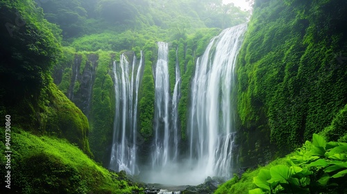 Majestic waterfall cascading in lush green forest