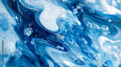 Abstract melting snow in vibrant blues and whites; fluid shapes and glistening droplets evoke transformation.