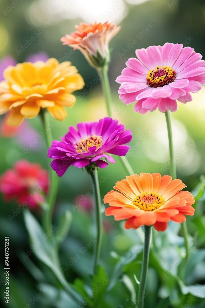 Bright colorful flowers in sunlight with blurred background. Bright colorful flowers in sunlight with blurred background.