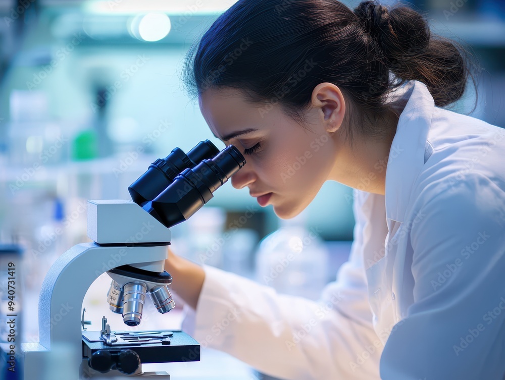 Women in a laboratory setting, analyzing medical samples under microscopes, representing focus and diligence, Female lab technicians, Health workforce Women in a laboratory setting, analyzing medical samples under microscopes, representing focus and diligence, Female lab technicians, Health workforce