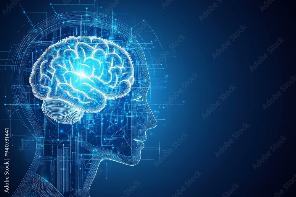 Digital illustration of a brain within a human head representing intelligence cognitive processes and technological innovation in a sleek blue themed high tech design Digital illustration of a brain within a human head representing intelligence cognitive processes and technological innovation in a sleek blue themed high tech design