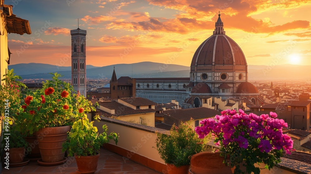 From a terrace in Florence, sunset illuminates the stunning Dome, framed by flowers and rooftops.