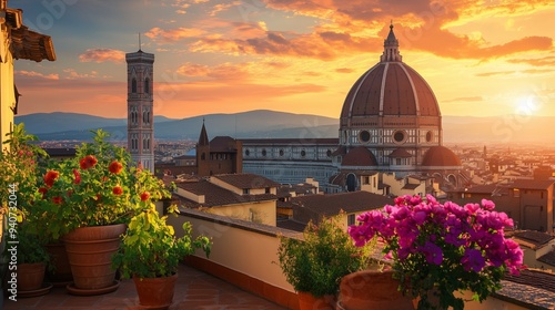 Obraz na płótnie From a terrace in Florence, sunset illuminates the stunning Dome, framed by flowers and rooftops. w salonie