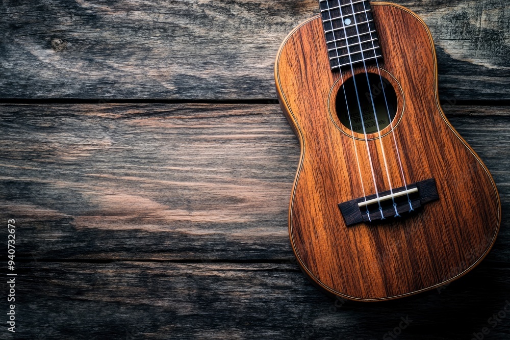 Fototapeta premium Close up of ukulele on old wooden background, Dark tone , ai