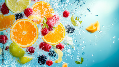 Fresh tropical fruits breaking the surface of the water, creating a vibrant and dynamic splash,